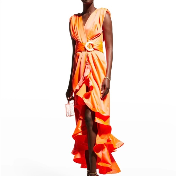 Bronx and Banco Dresses & Skirts - Bronx and Banco Lika Belted Asymmetric Ruffle Dress in Neon Orange size XL